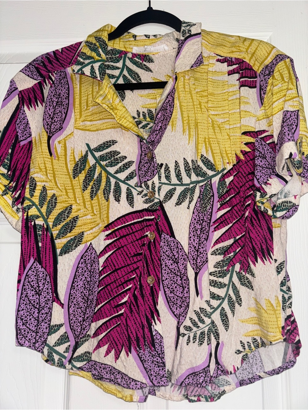 Tropical Print Button-Front Short Sleeve Top - Yellow & Magenta